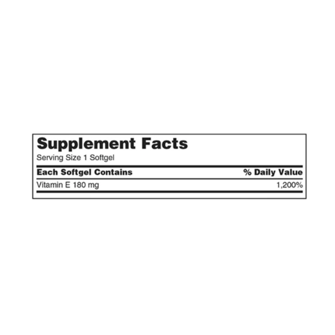 Kirkland Signature Vitamin E 180 mg 400 IU supplement facts label showing daily value and active ingredient details per softgel.