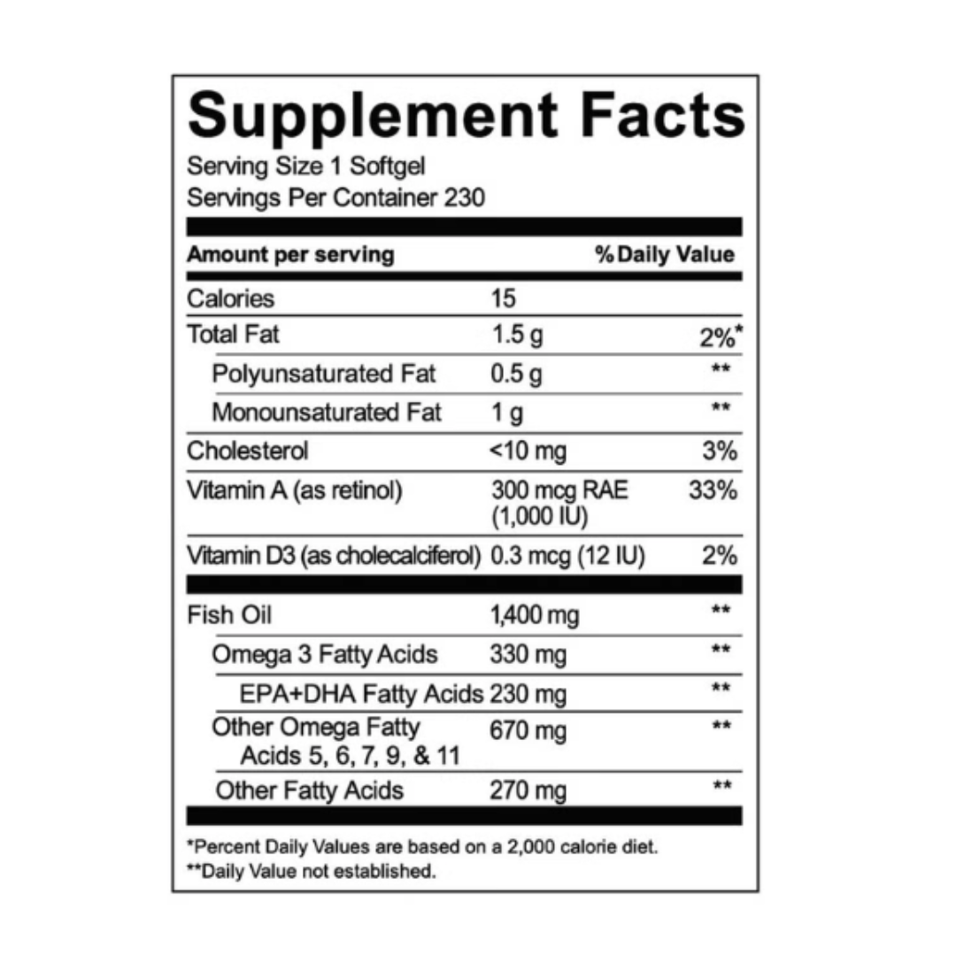 Kirkland Signature Wild Alaskan Fish Oil supplement facts label showing detailed nutritional breakdown, omega-3, EPA, and DHA content.