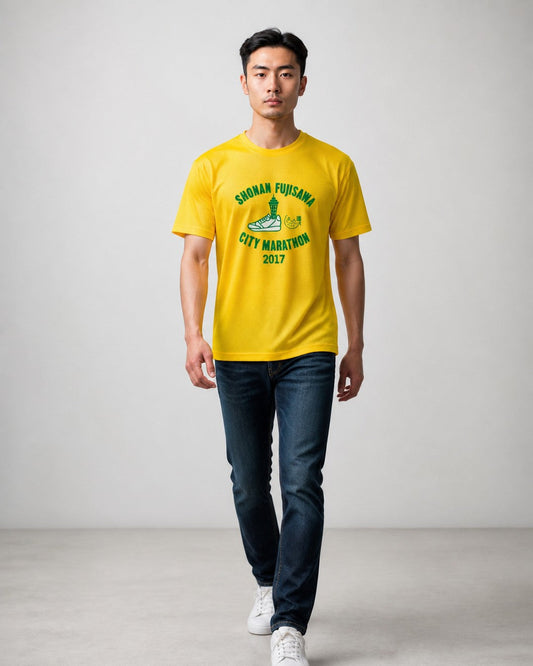 Leox Hub Shonan Fujisawa City Marathon event t-shirt featuring runner graphic and Japanese event typography