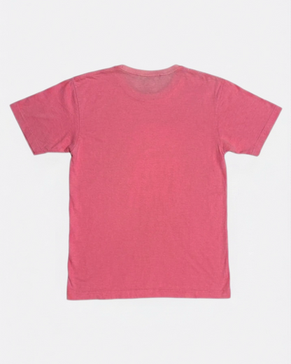Plain pink crewneck t-shirt laid flat, back view