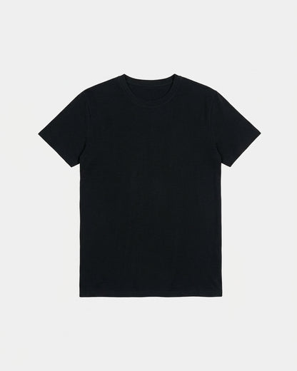 Plain black crewneck cotton t-shirt laid flat, back view