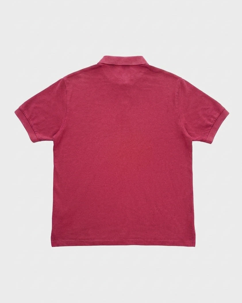 Faded magenta pink short-sleeve polo shirt laid flat, back view