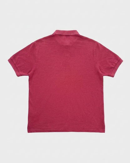 Faded magenta pink short-sleeve polo shirt laid flat, back view