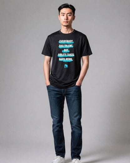 Man wearing a black Egozaru graphic basketball t-shirt featuring light blue typography text print