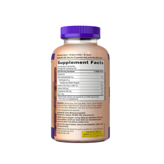 Kirkland Signature Adult Gummies Calcium 500 mg supplement bottle back view displaying supplement facts, ingredients, and usage instructions.