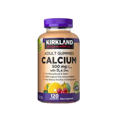 Kirkland Signature Adult Gummies Calcium 500 mg with D3 and Zinc bottle front view featuring 120 gummies for bone health.