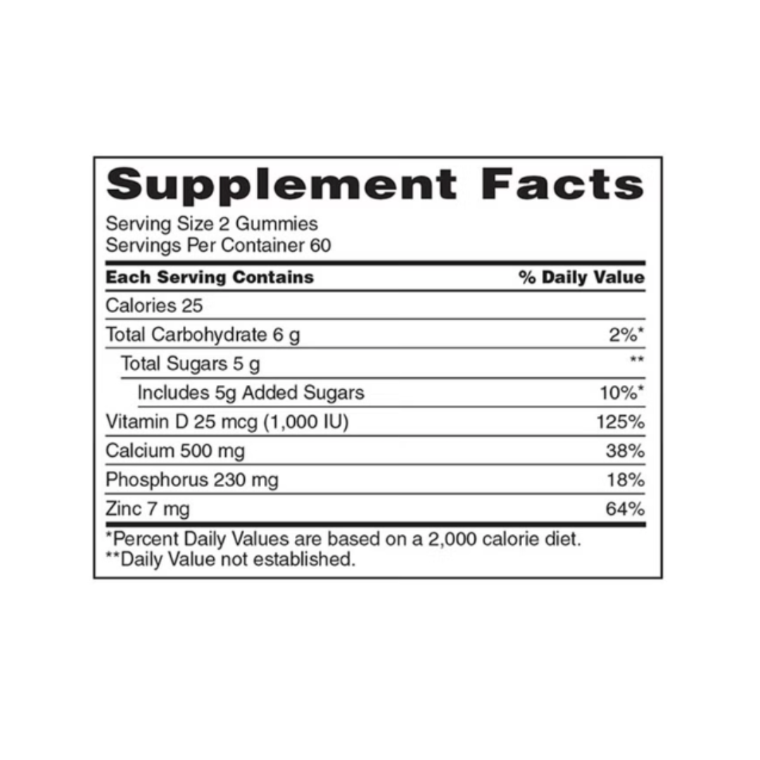 Kirkland Signature Adult Gummies Calcium 500 mg supplement facts label detailing calcium, vitamin D, phosphorus, and zinc amounts.