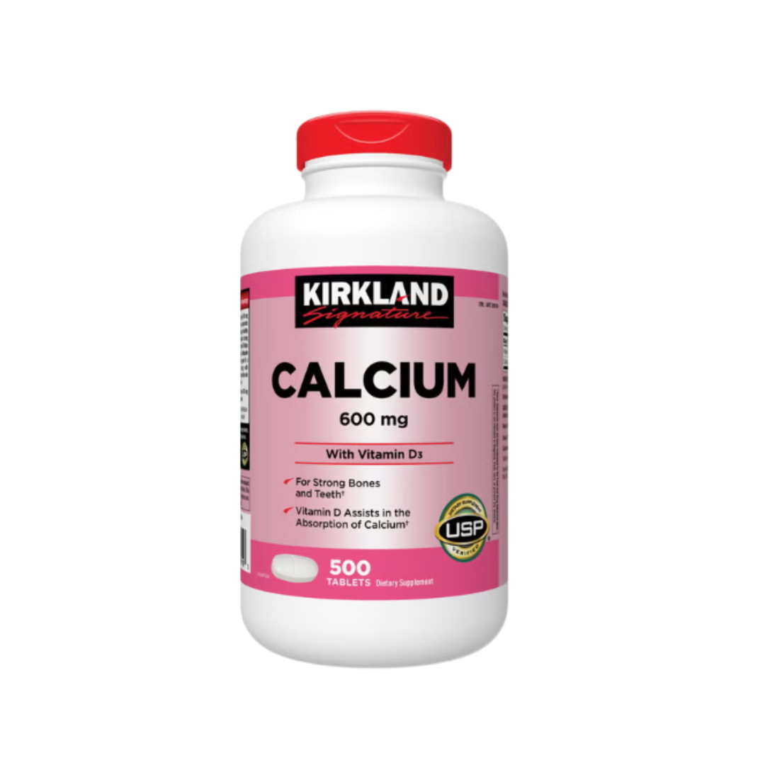Kirkland Signature Calcium 600 mg with Vitamin D3 supplement bottle front view featuring 500 tablets for strong bones and teeth.