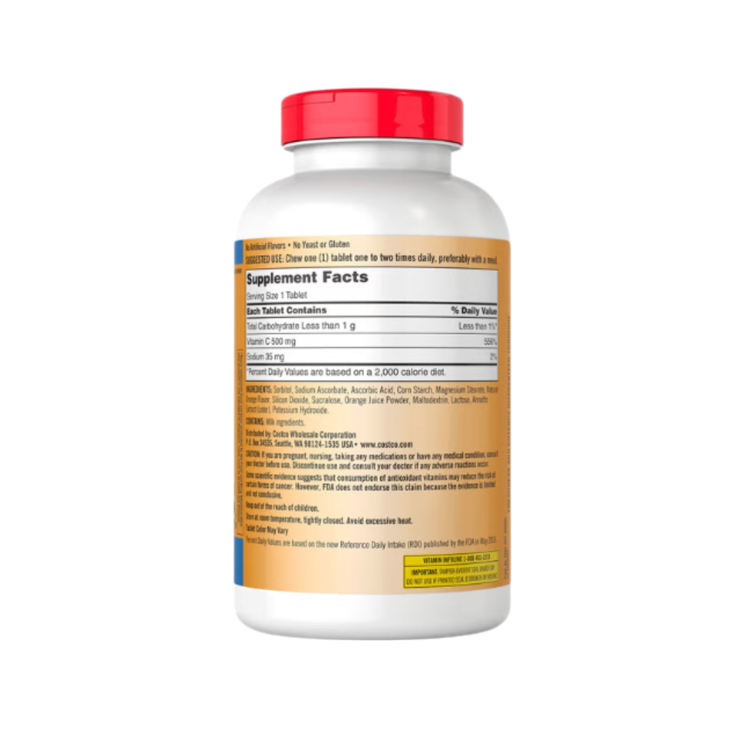 Kirkland Signature Chewable Vitamin C 500 mg supplement bottle back view displaying supplement facts, ingredients, and usage instructions.