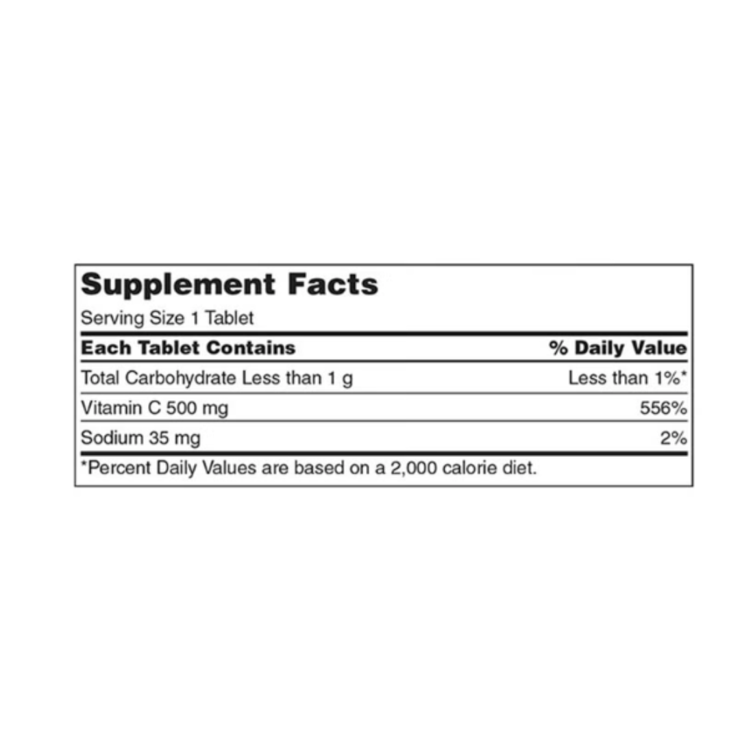 Kirkland Signature Chewable Vitamin C 500 mg supplement facts label detailing vitamin C and sodium content per tablet.