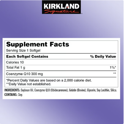 Kirkland Signature CoQ10 300 mg supplement facts label showing nutrition information and ingredients breakdown.