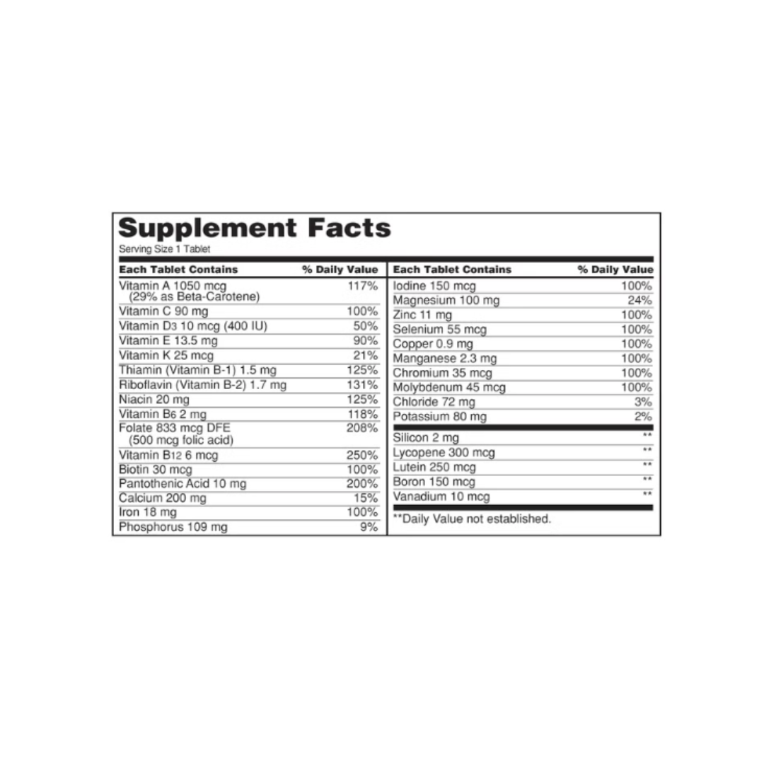 Kirkland Signature Daily Multi supplement facts label detailing daily values for vitamins, minerals, and nutrients per tablet.