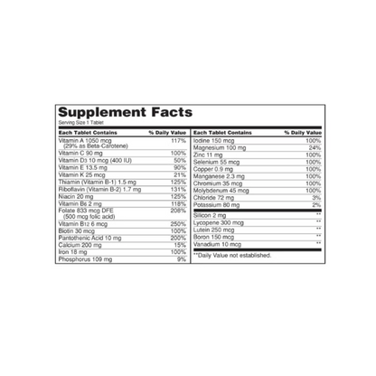 Kirkland Signature Daily Multi supplement facts label detailing daily values for vitamins, minerals, and nutrients per tablet.