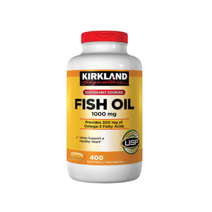 Kirkland Signature Fish Oil 1000 mg dietary supplement bottle front view featuring 400 softgels and USP verification.