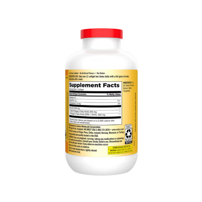 Kirkland Signature Fish Oil 1000 mg supplement bottle back view showing supplement facts, ingredients, and usage instructions.