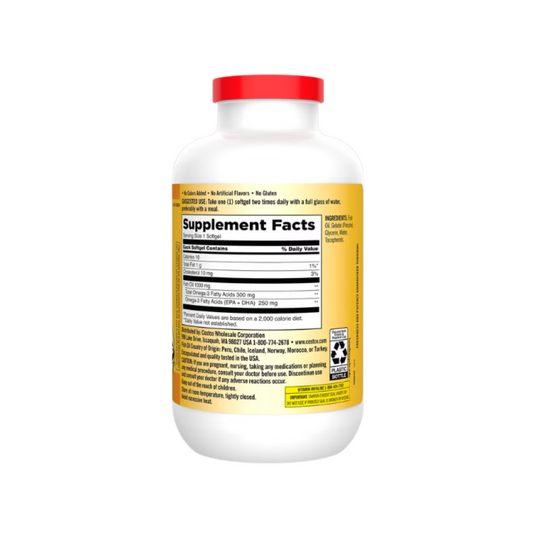 Kirkland Signature Fish Oil 1000 mg supplement bottle back view showing supplement facts, ingredients, and usage instructions.