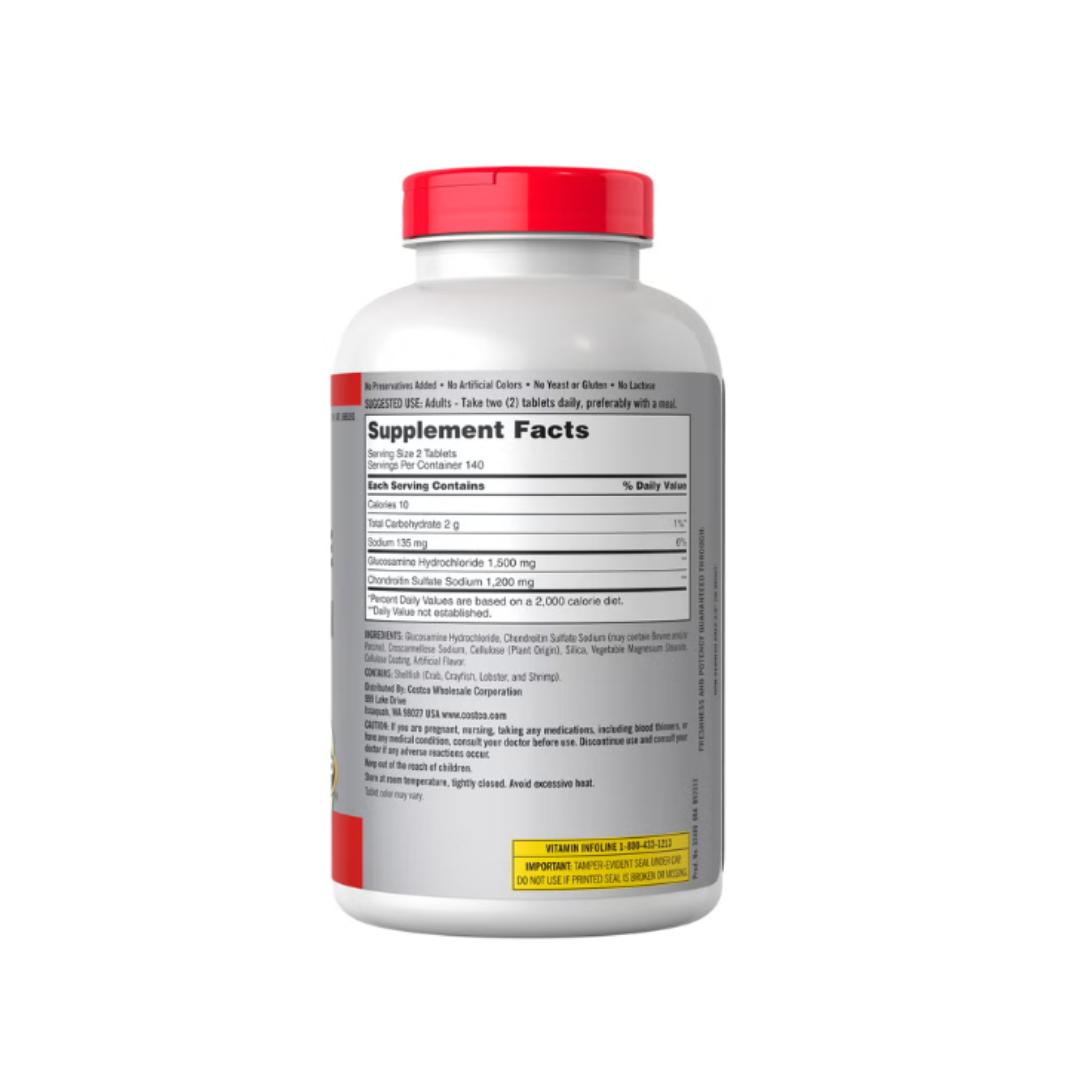 Kirkland Signature Advanced Glucosamine Chondroitin supplement bottle back view featuring ingredients, warnings, and suggested use.