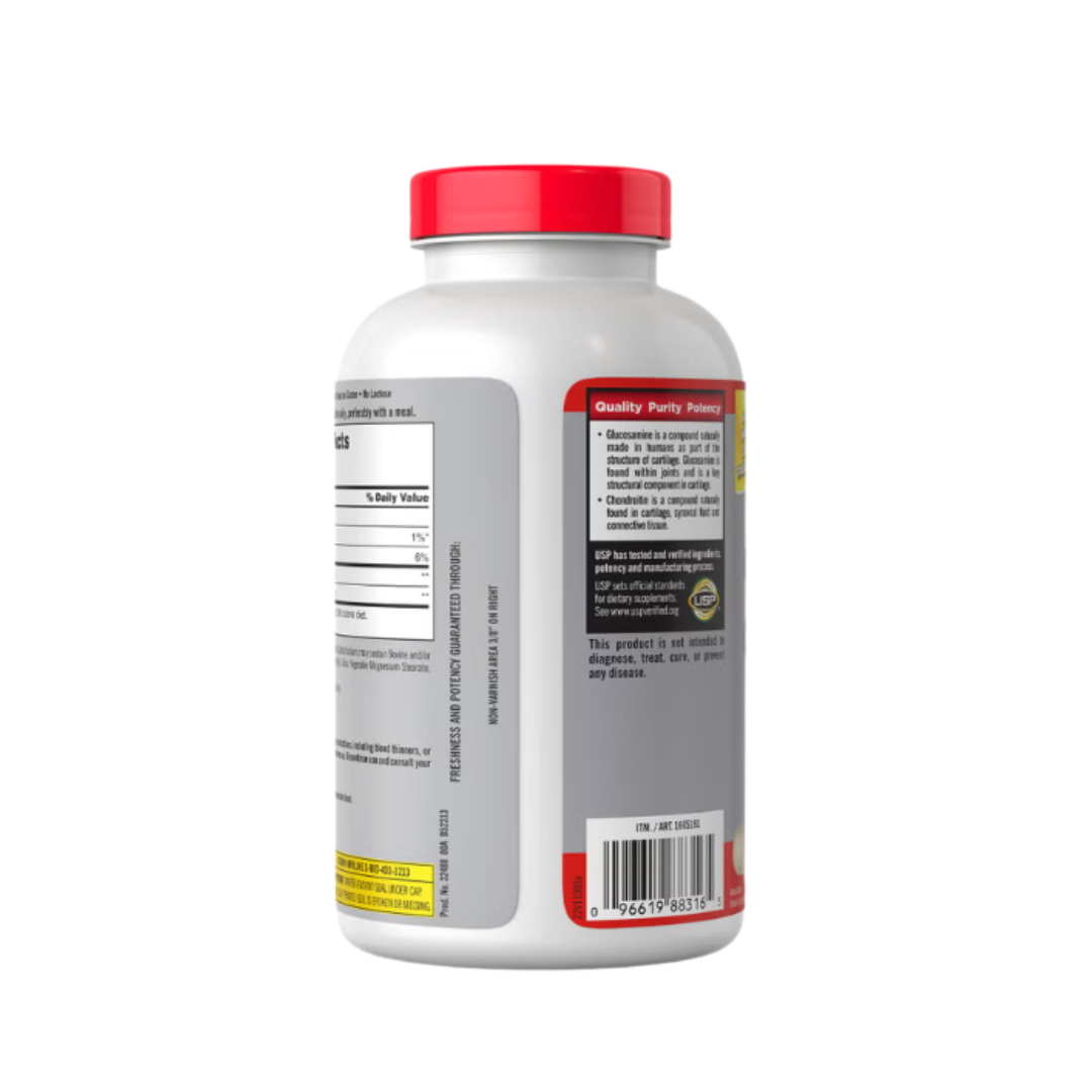 Kirkland Signature Advanced Glucosamine Chondroitin supplement bottle side view highlighting quality purity potency details and barcode.
