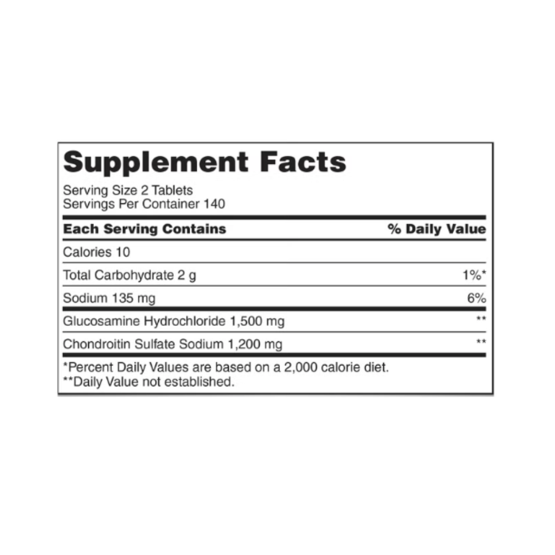 Kirkland Signature Advanced Glucosamine Chondroitin supplement facts label detailing active ingredients per serving.