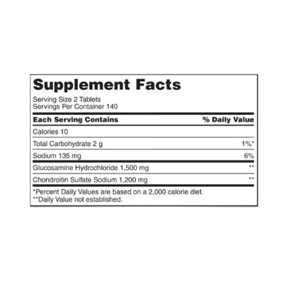 Kirkland Signature Advanced Glucosamine Chondroitin supplement facts label detailing active ingredients per serving.