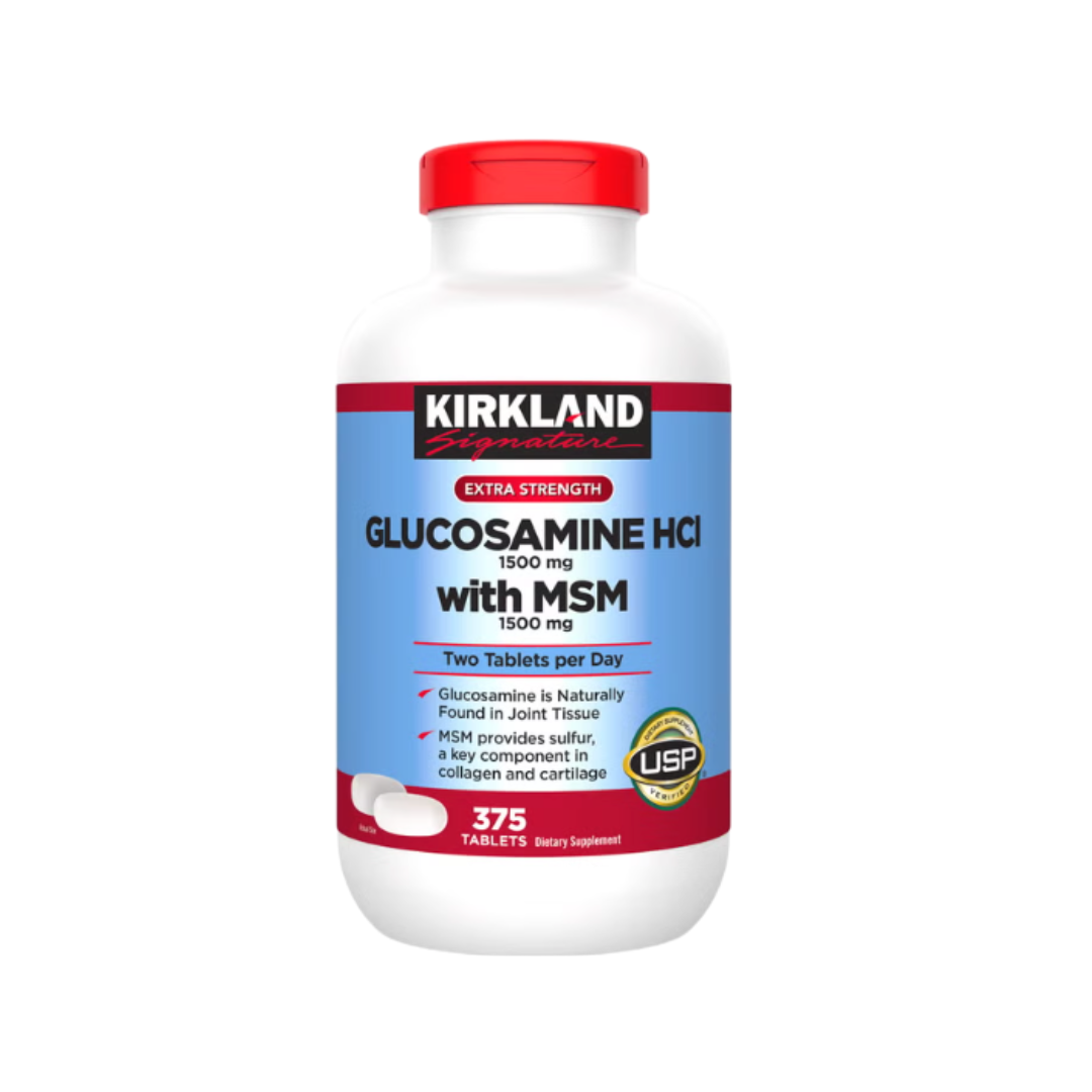 Kirkland Signature Extra Strength Glucosamine HCl with MSM 1500mg joint health supplement bottle front view featuring 375 tablets.