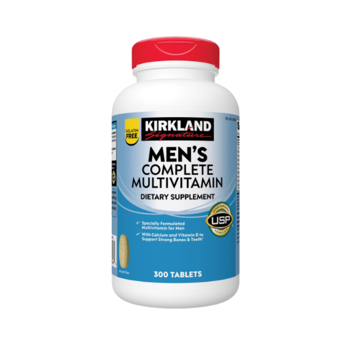 Kirkland Signature Men's Complete Multivitamin supplement bottle front view featuring 300 tablets and USP verification.