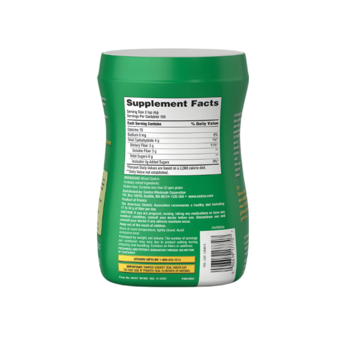 Kirkland Signature Optifiber Prebiotic Fiber Supplement container back view displaying ingredients, warnings, and barcode.