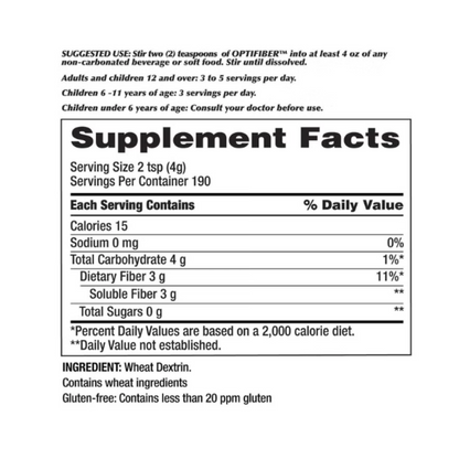 Kirkland Signature Optifiber Prebiotic Fiber Supplement facts label detailing dietary fiber and wheat dextrin content per serving.