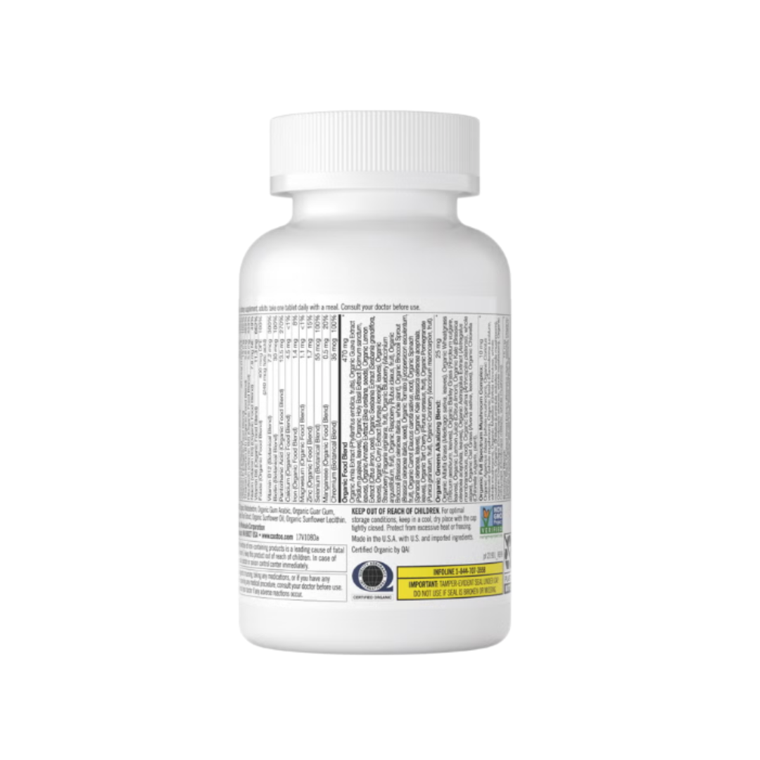 Kirkland Signature Organic Multivitamin supplement bottle back view displaying supplement facts, organic certification, and directions.