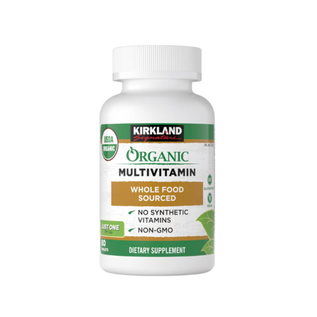 Kirkland Signature Organic Multivitamin Whole Food Sourced supplement bottle front view featuring 80 tablets and USDA Organic seal.