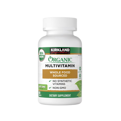 Kirkland Signature Organic Multivitamin Whole Food Sourced supplement bottle front view featuring 80 tablets and USDA Organic seal.