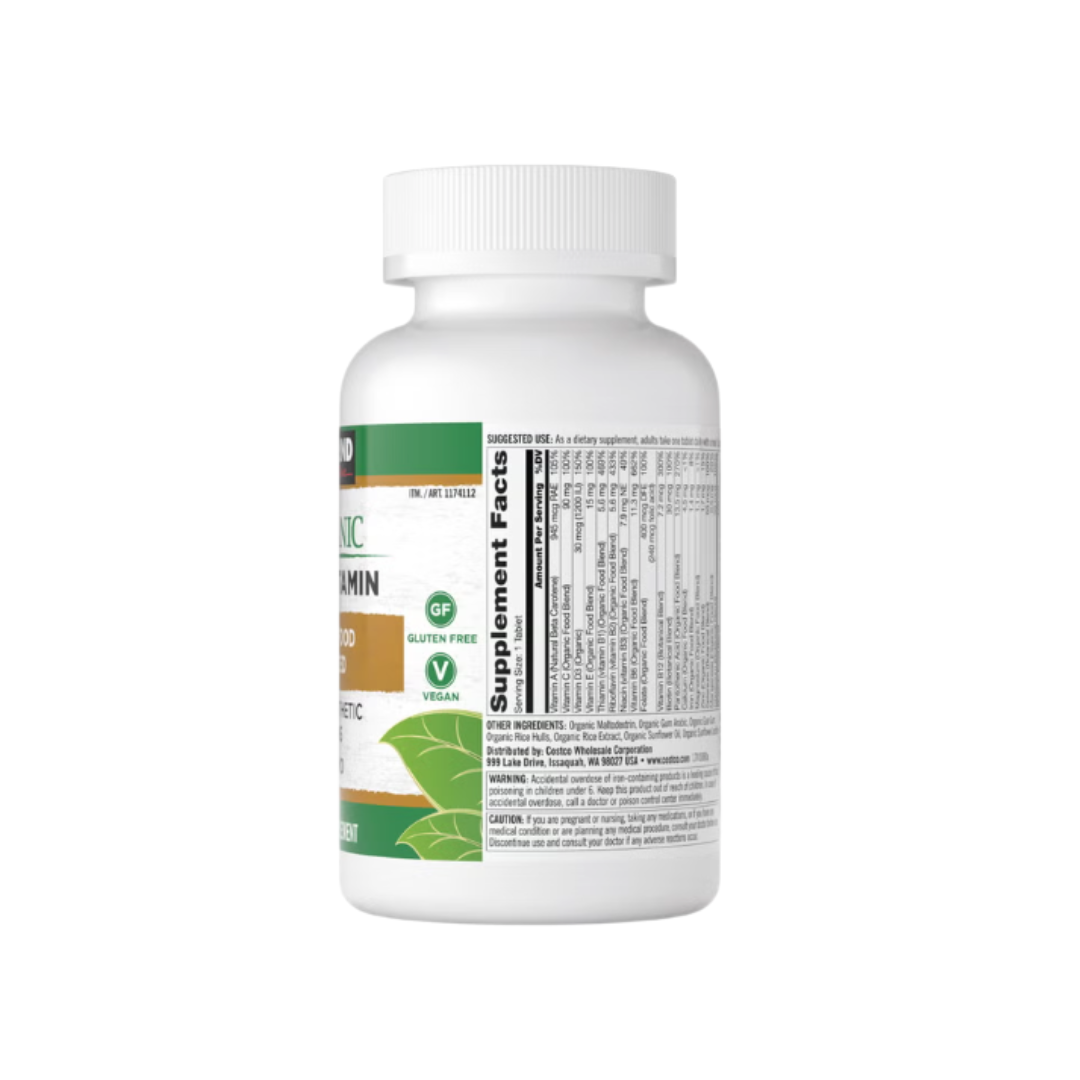 Kirkland Signature Organic Multivitamin supplement bottle side view showing gluten-free and vegan certification badges.