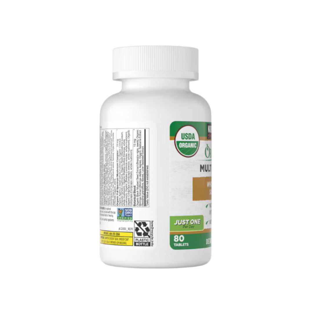 Kirkland Signature Organic Multivitamin supplement bottle side view showing Non-GMO verification, botanical blend, and recycling details.