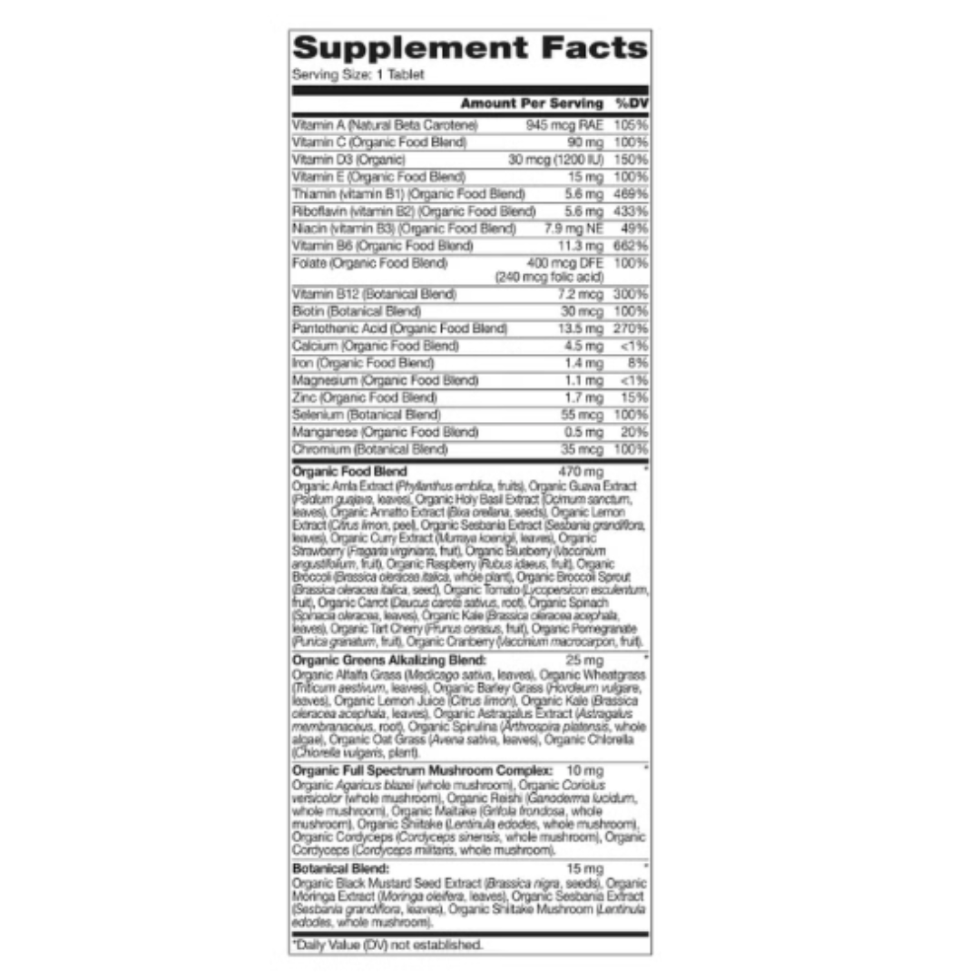 Kirkland Signature Organic Multivitamin supplement facts label detailing organic food blend, vitamins, and minerals breakdown.