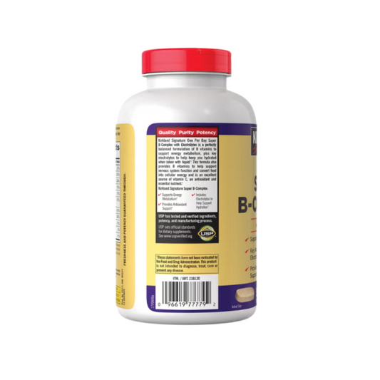 Kirkland Signature One Per Day Super B-Complex supplement bottle side view highlighting quality purity potency details and barcode.