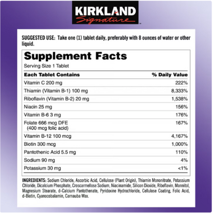 Kirkland Signature One Per Day Super B-Complex supplement facts label detailing B vitamins, electrolytes, and vitamin C breakdown.