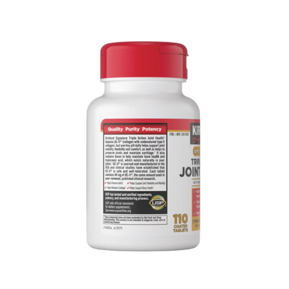 Kirkland Signature Triple Action Joint Health supplement bottle back view showing suggested use, warnings, and supplement facts.