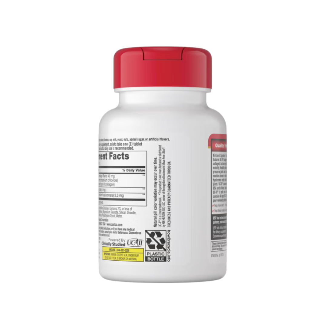 Kirkland Signature Triple Action Joint Health supplement bottle front view featuring UC-II collagen and 110 coated tablets.