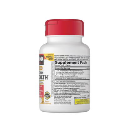 Kirkland Signature Triple Action Joint Health supplement bottle side view highlighting quality purity potency and USP verification.