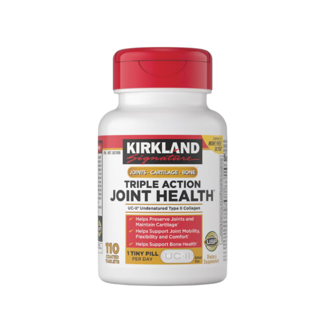 Kirkland Signature Triple Action Joint Health supplement facts label displaying UC-II proprietary cartilage blend, boron, and hyaluronic acid.