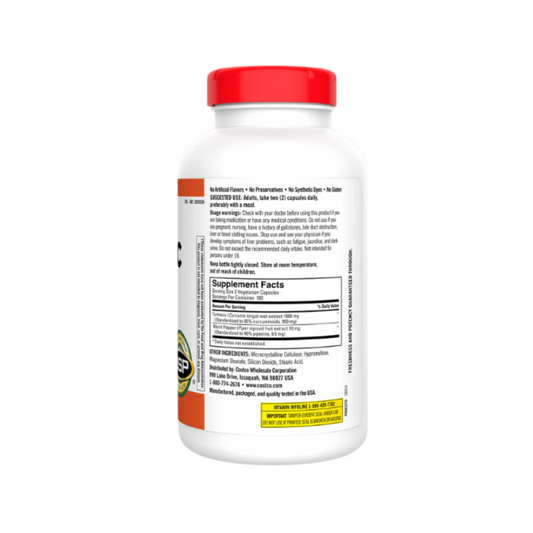 Kirkland Signature Turmeric 1000 mg supplement bottle back view displaying supplement facts, ingredients, and usage instructions.