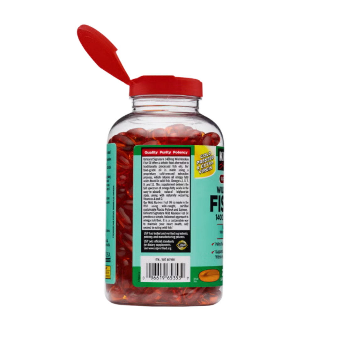 Kirkland Signature Wild Alaskan Fish Oil supplement bottle back view featuring ingredients, warnings, and suggested use.