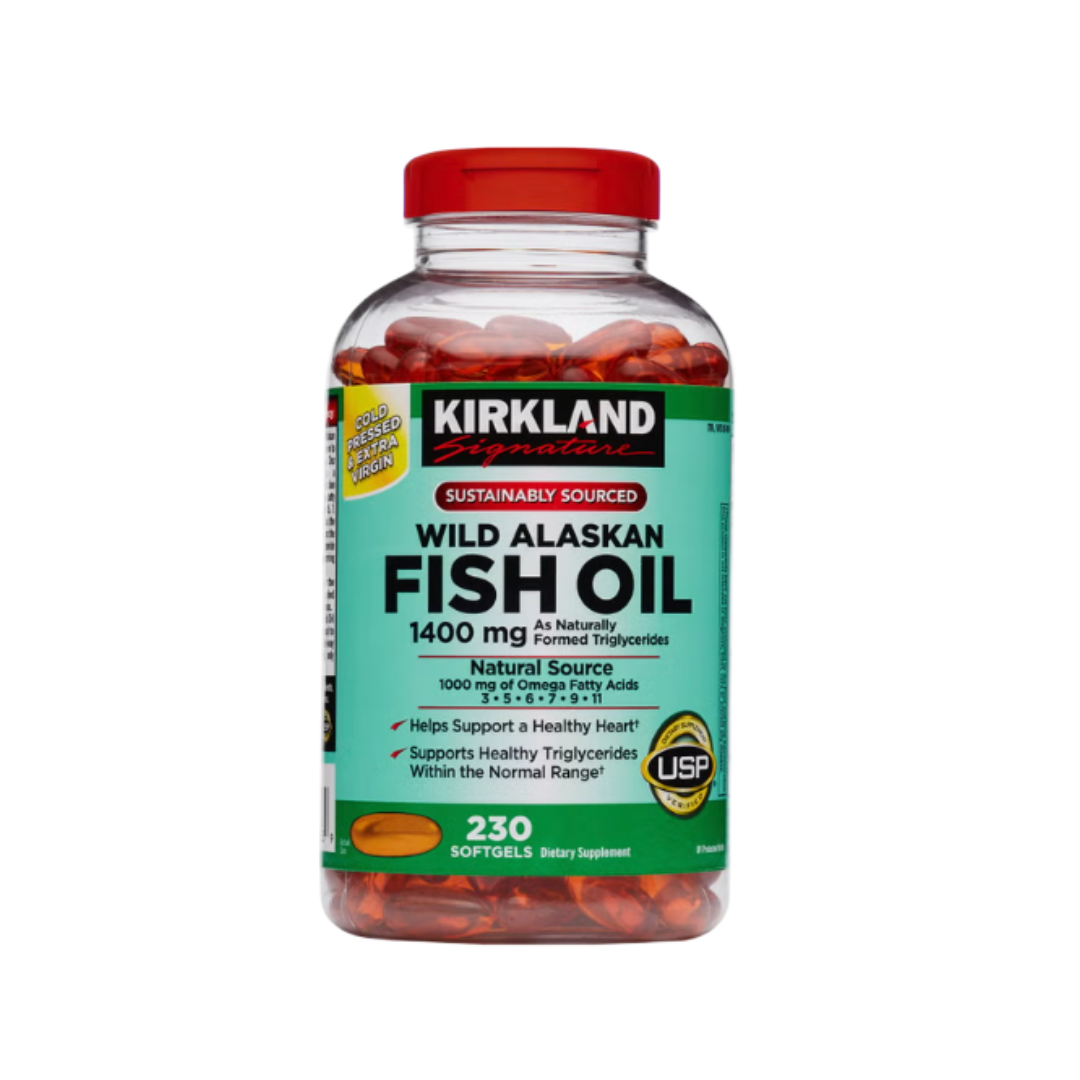 Kirkland Signature Wild Alaskan Fish Oil supplement bottle side view highlighting cold pressed extra virgin quality and purity details.