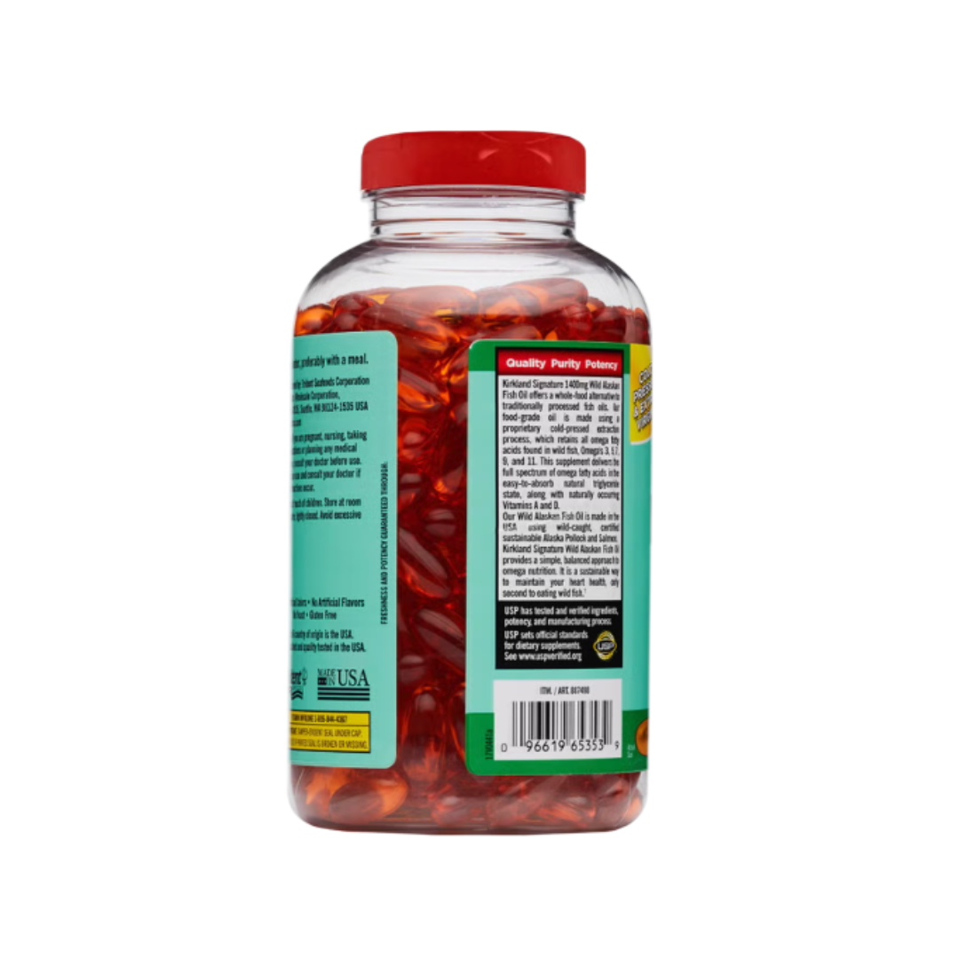 Kirkland Signature Wild Alaskan Fish Oil supplement facts label displaying omega-3 fatty acids, EPA, DHA, and vitamin content.