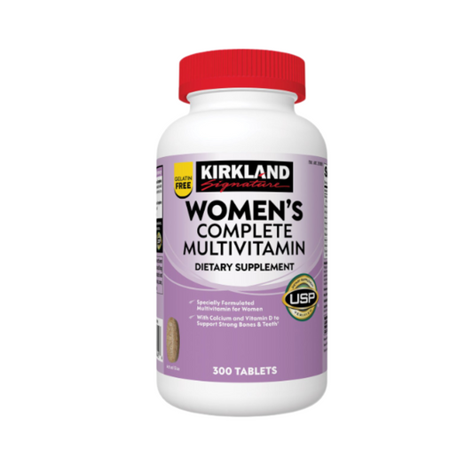 Kirkland Signature Women's Complete Multivitamin supplement bottle front view featuring 300 tablets and USP verification.