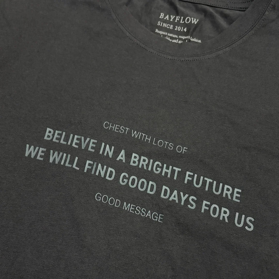 Leox Hub BAYFLOW Japan Bright Future slogan t-shirt in soft rayon-blend fabric featuring chest graphic print