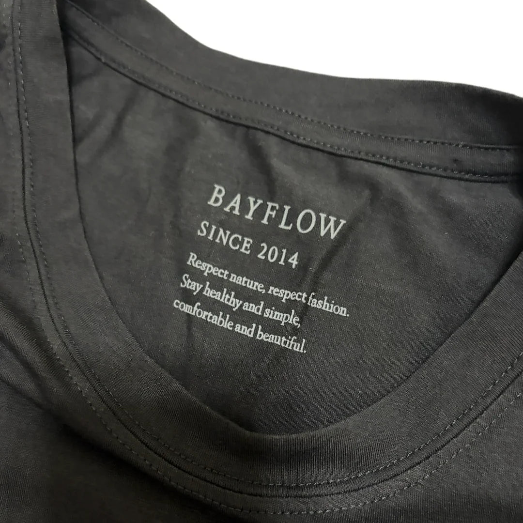 Leox Hub BAYFLOW Japan Bright Future slogan t-shirt in soft rayon-blend fabric featuring chest graphic print