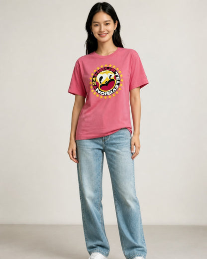 Leox Hub pink vintage 2018 Japan 24 Hours TV charity t-shirt featuring Hattie Stewart graphic art