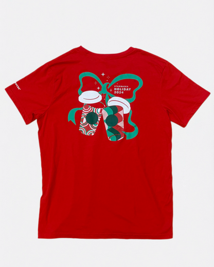 Leox Hub Starbucks Japan 2024 Holiday staff t-shirt in red with festive coffee cup and green ribbon graphic on back