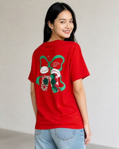 Leox Hub Starbucks Japan 2024 Holiday staff t-shirt in red with festive coffee cup and green ribbon graphic on back